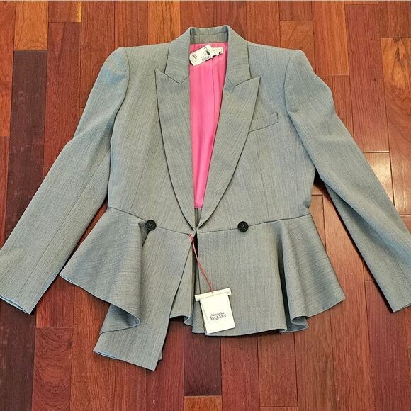 Wool Alexander McQueen Suit Jacket Herringbone Peplum Blazer size 48 IT NWT - Picture 1 of 15